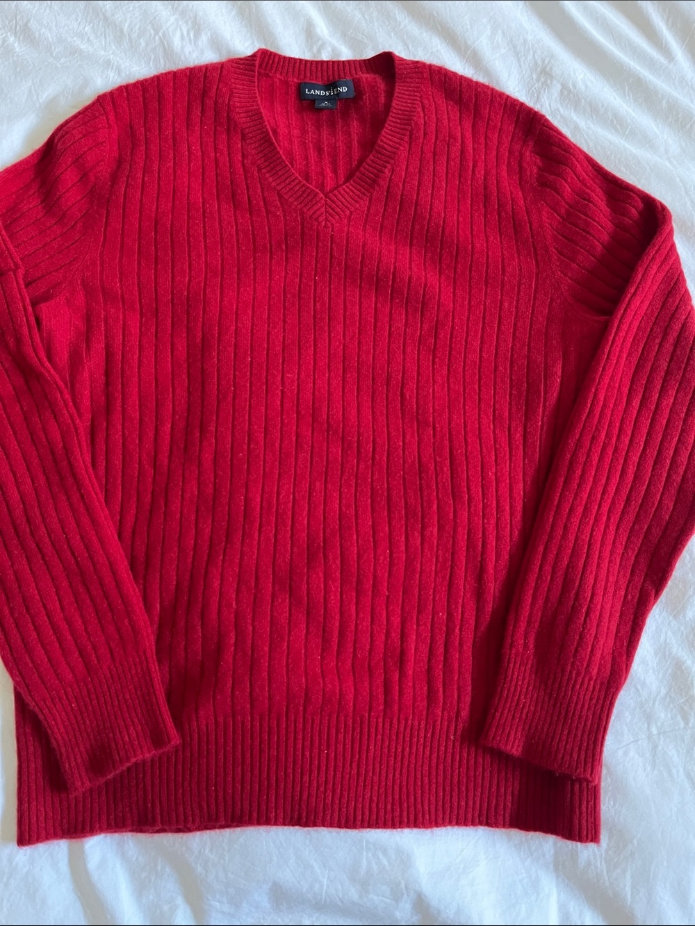 Land’s End red 100% cashmere sweater rib knit cozy fall winter christmas sweater